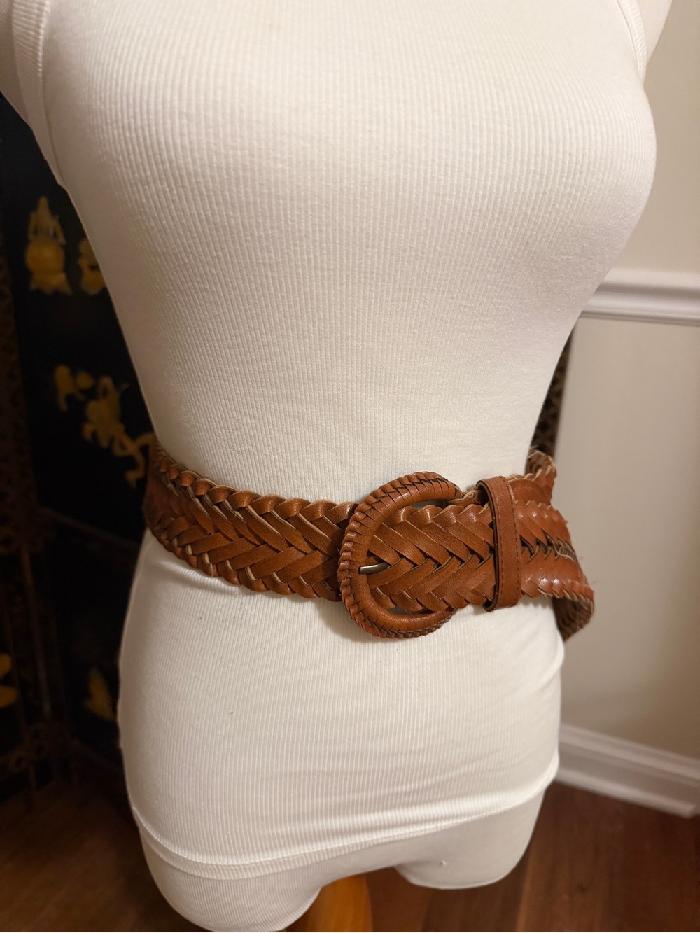 Vintage Woven Leather Waist Belt - Tan
